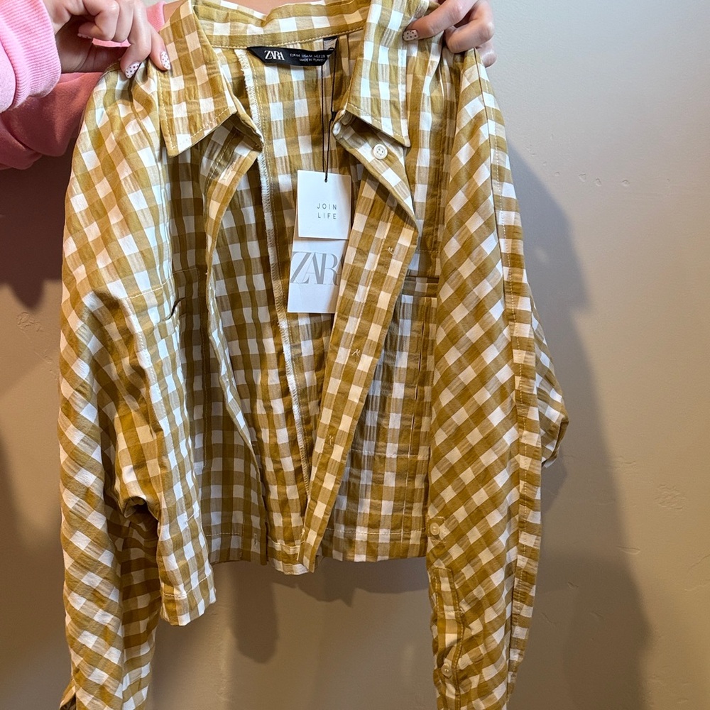 Zara Mustard and White Plaid Shirt